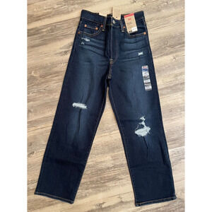 LEVI'S RIBCAGE STRAIGHT ANKLE JEANS SIZE 26x27 Women's Dark Wash Distressed
